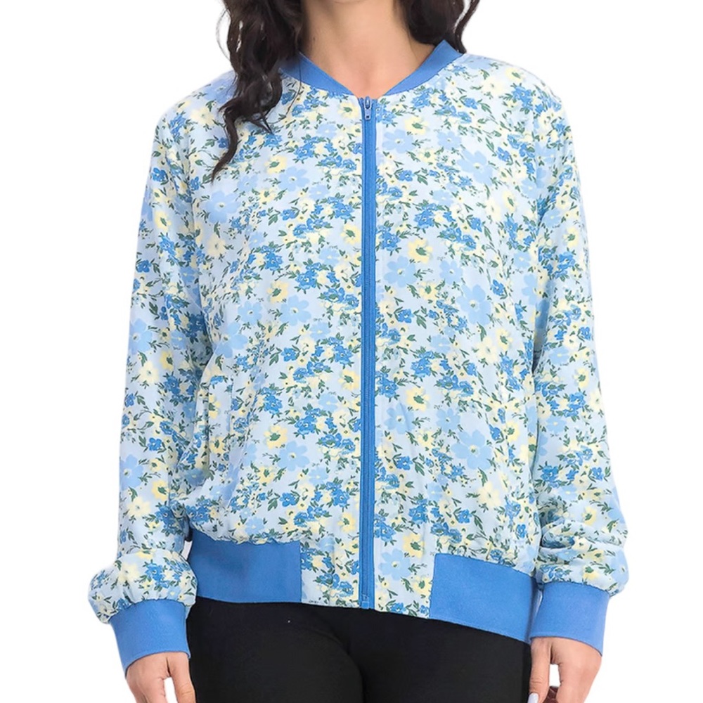 Katie Sturino for Stitch Fix "Palmer" Blue Combo Floral Bomber Jacket S